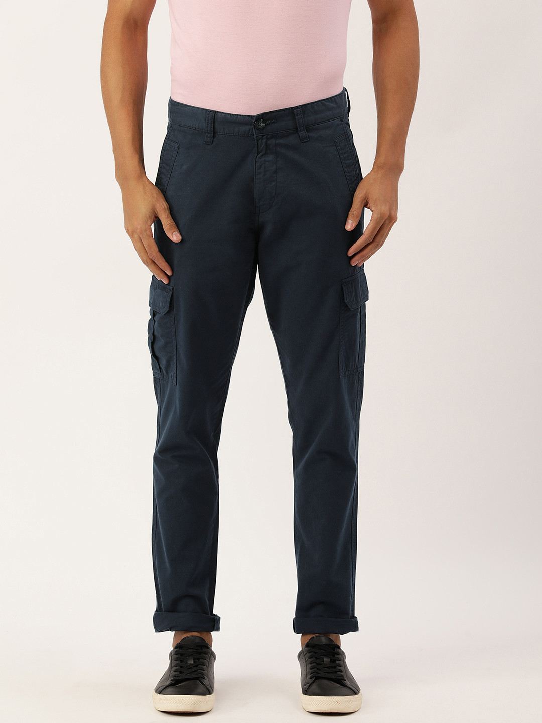 Buy IVOC Men Navy Blue Solid Slim Fit Casual Pure Cotton Cargos