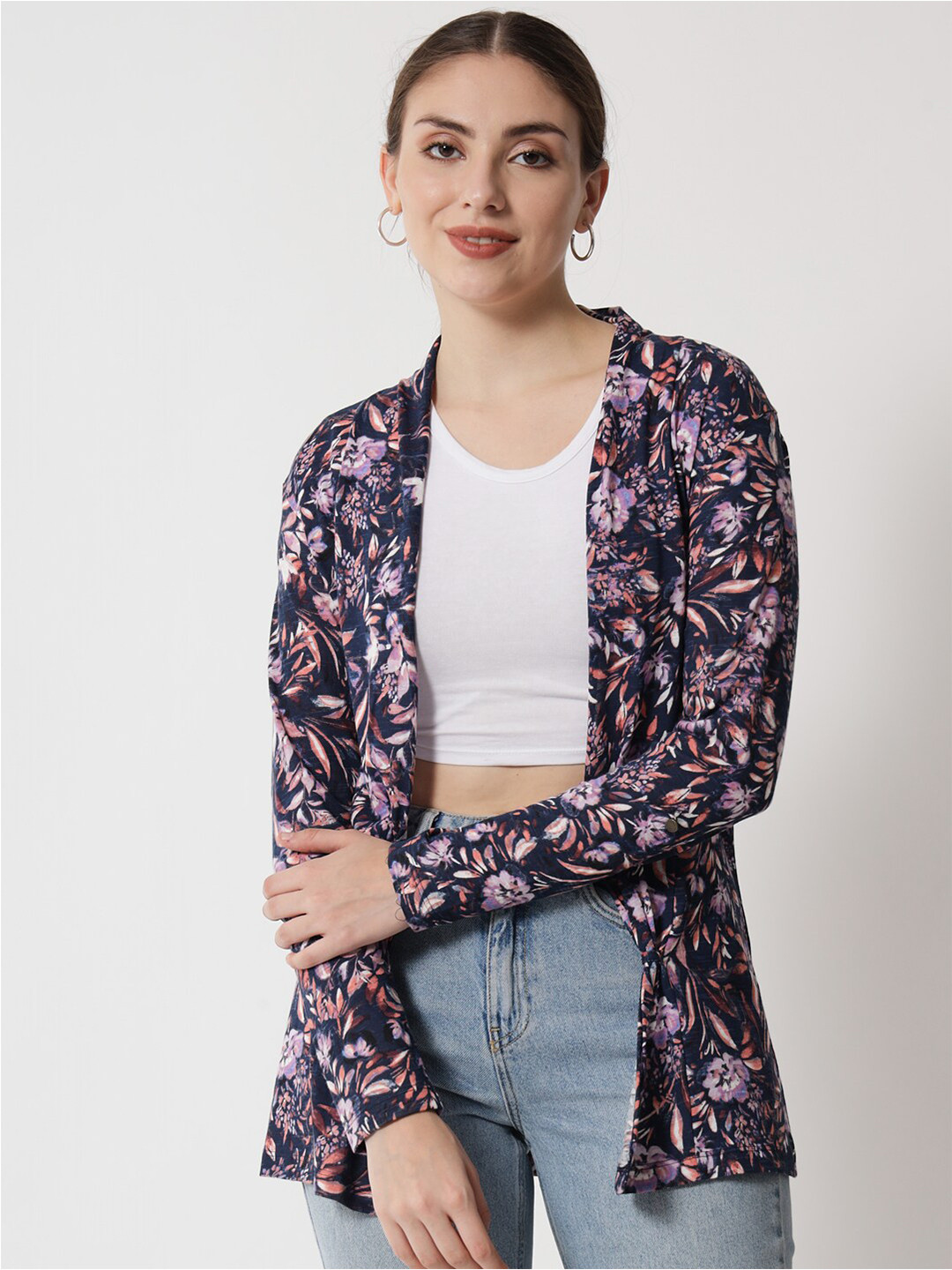 Buy Trend Arrest Women Navy Blue & Lavender Printed Longline Shrug