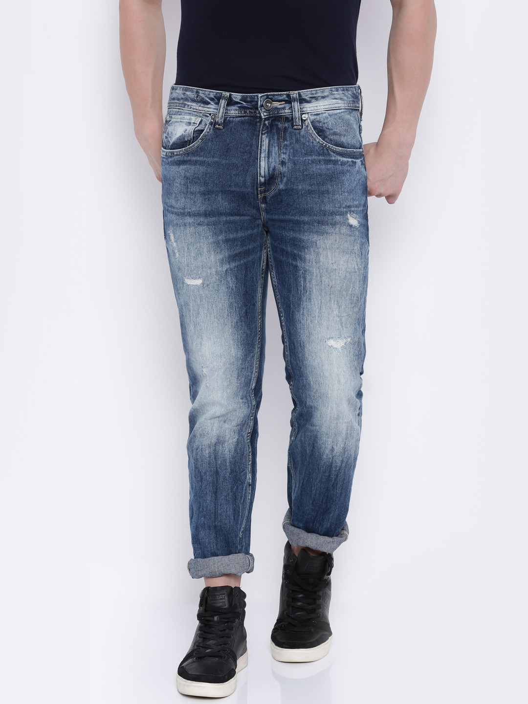 Buy Voi Jeans Men Blue Borris Slim Fit Mid Rise Low Distress Jeans