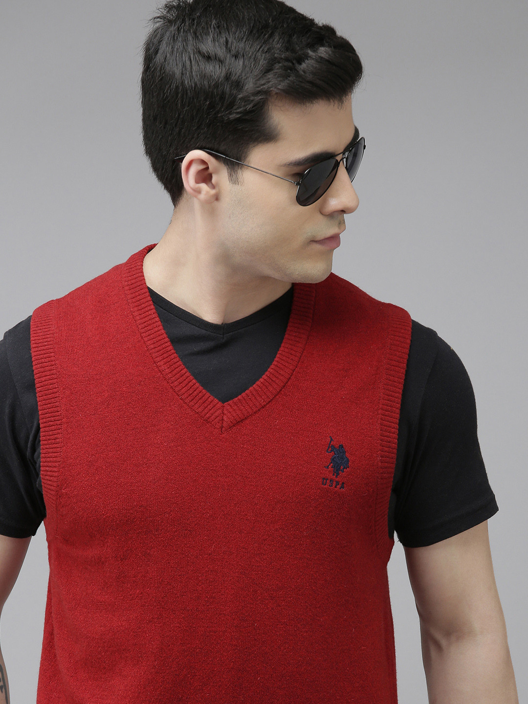 Buy U.S. Polo Assn. Men Red Sweater Vest With Embroidered Detail