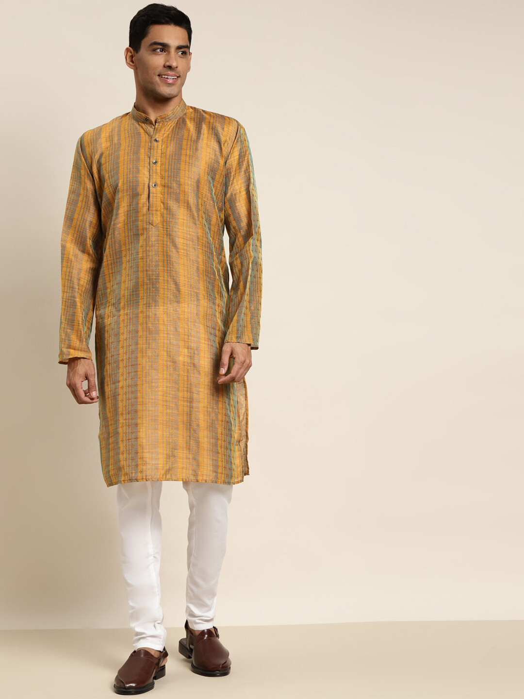 Men Mustard Floral Printed Kurta Only