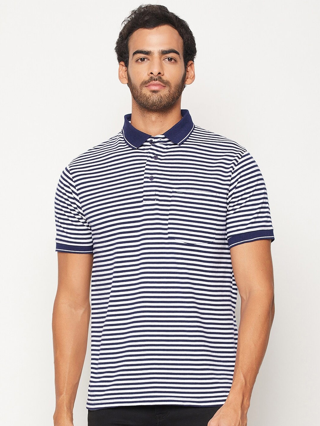 Buy Okane Men White & Navy Blue Striped Polo Collar T Shirt - Tshirts ...