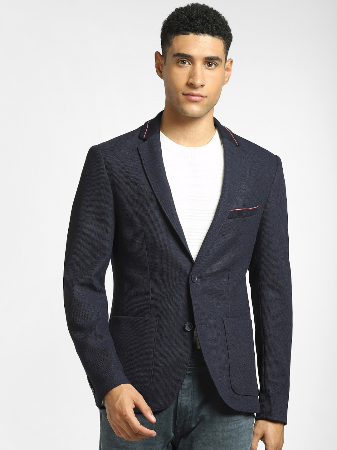 Buy Jack & Jones Men Navy Blue Solid Single Breasted Regular Fit Formal ...