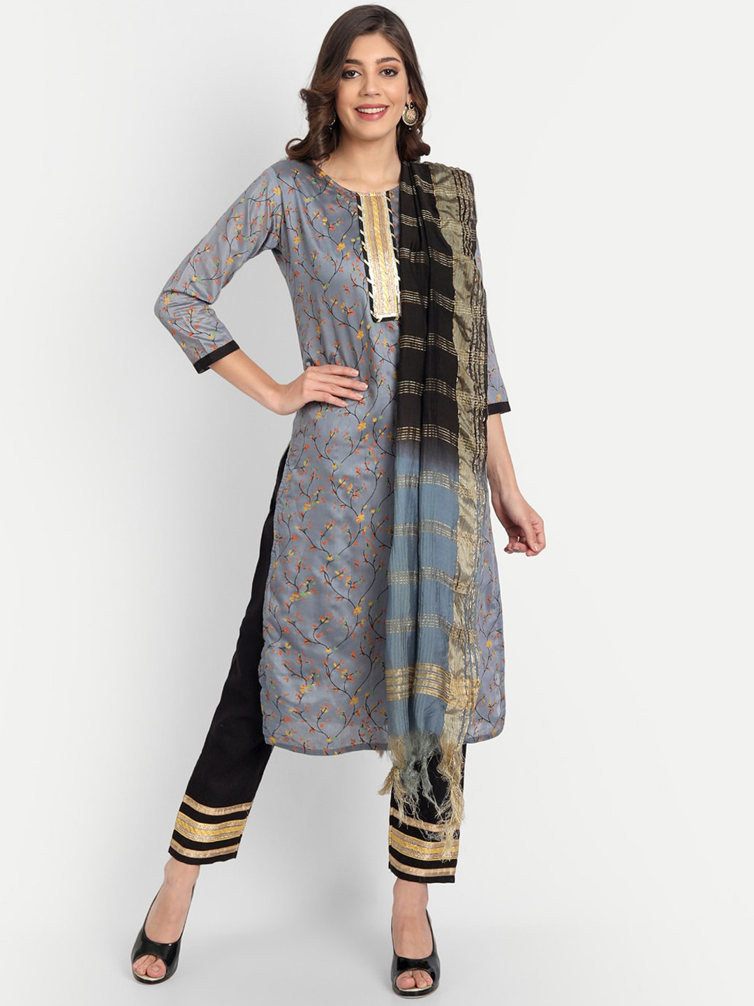 Women Grey Floral Printed Kurta Set With Palazo & Dupatta