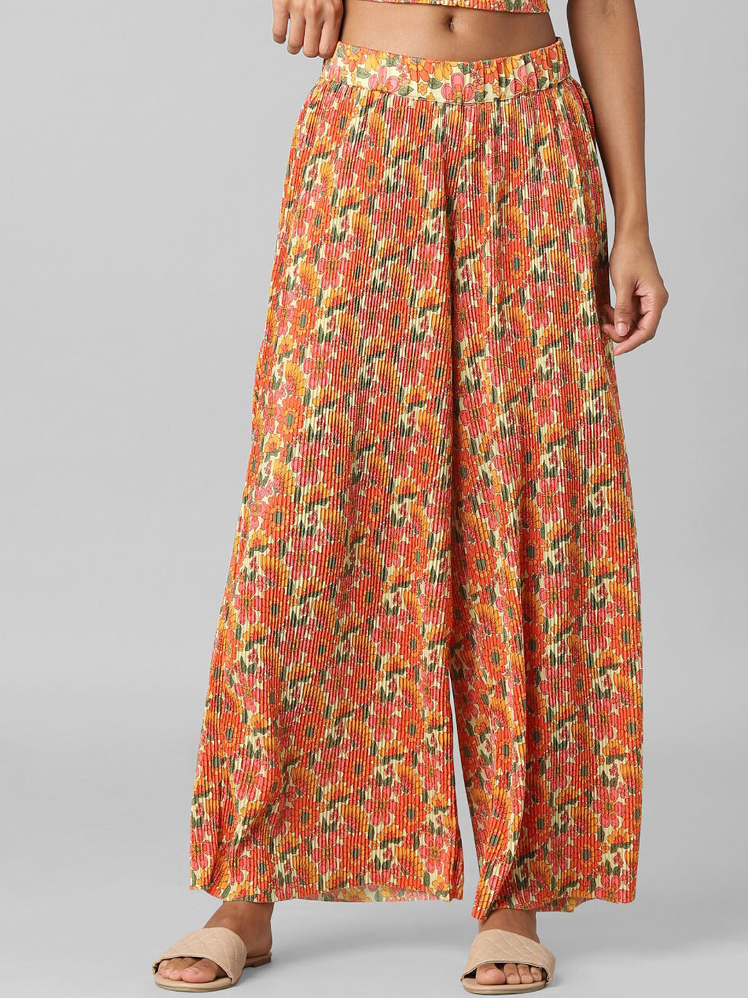 Women Orange Floral Wrap Top With Straight Pants main image 1