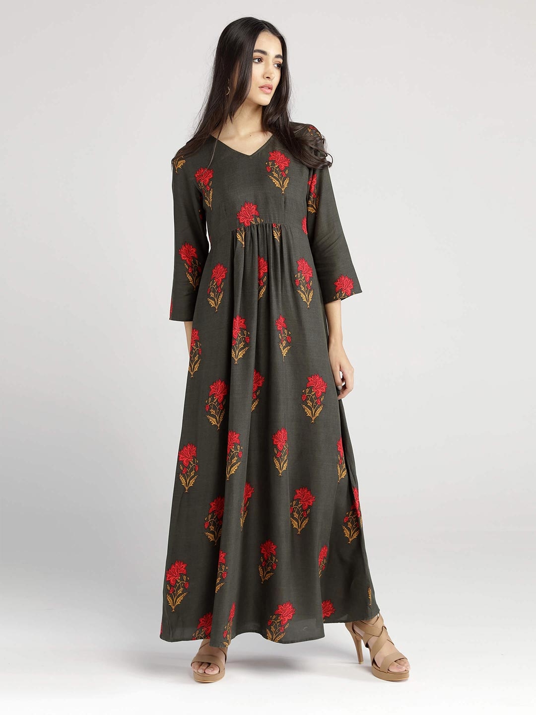 Buy IDK Women Olive Green Floral Maxi Dress Dresses for Women