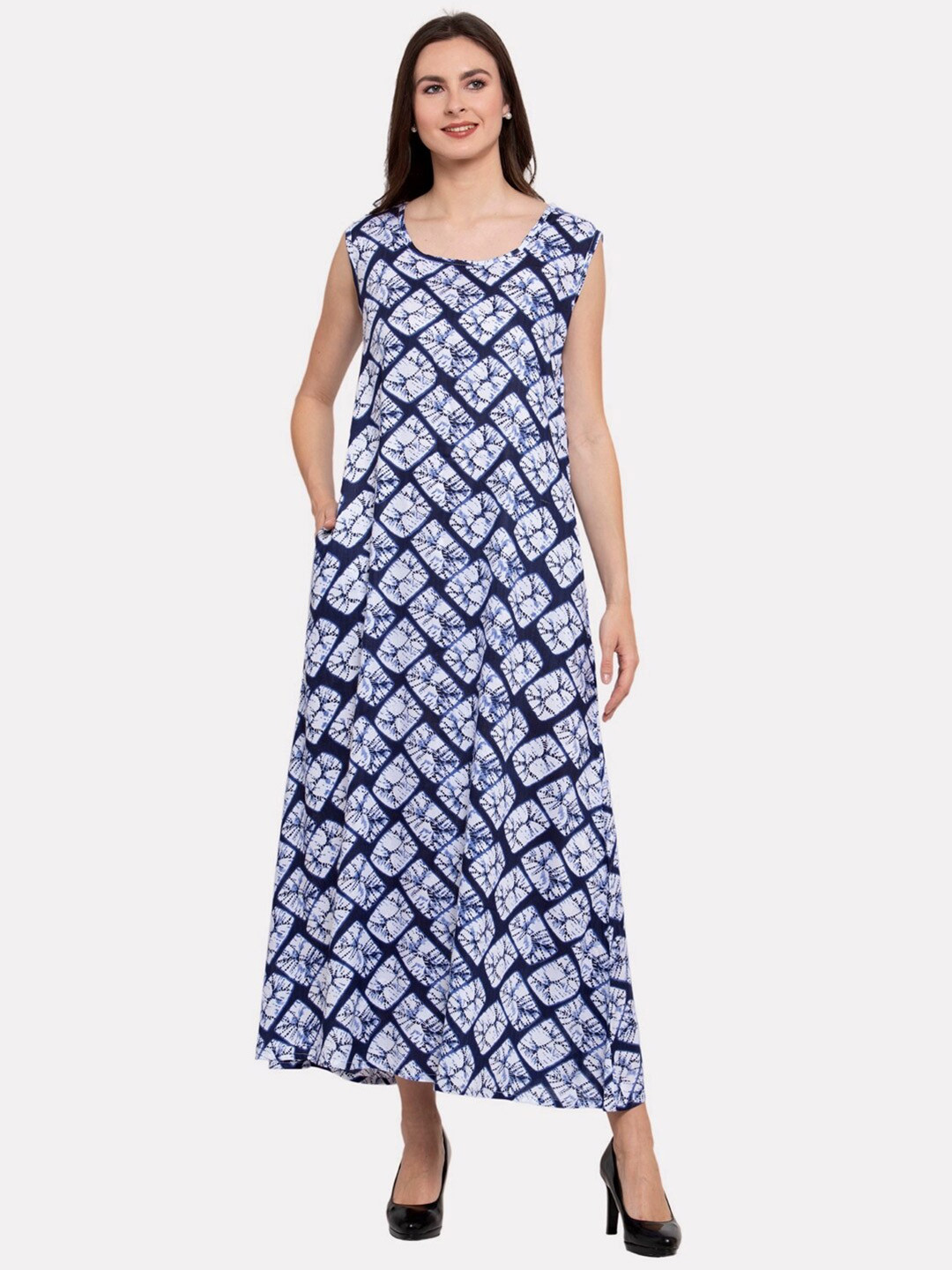 Women Navy Blue Printed Maxi Dress With Three Quarter Sleeves