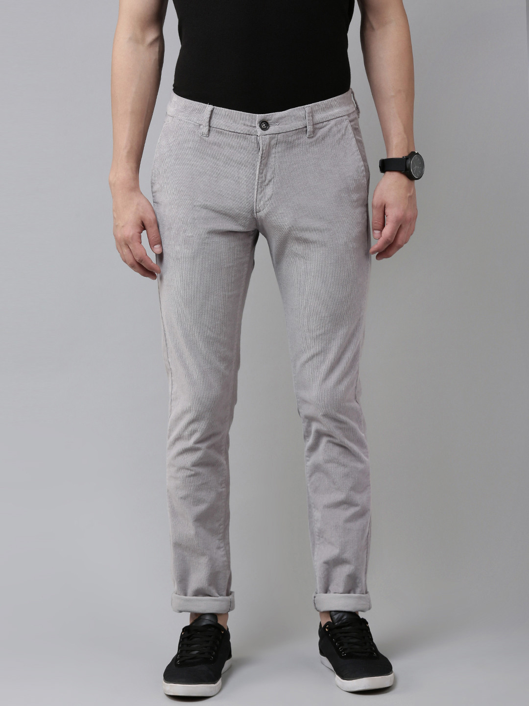 Buy U S Polo Assn Men Grey Self Design Mid Rise Slim Fit Corduroy ...