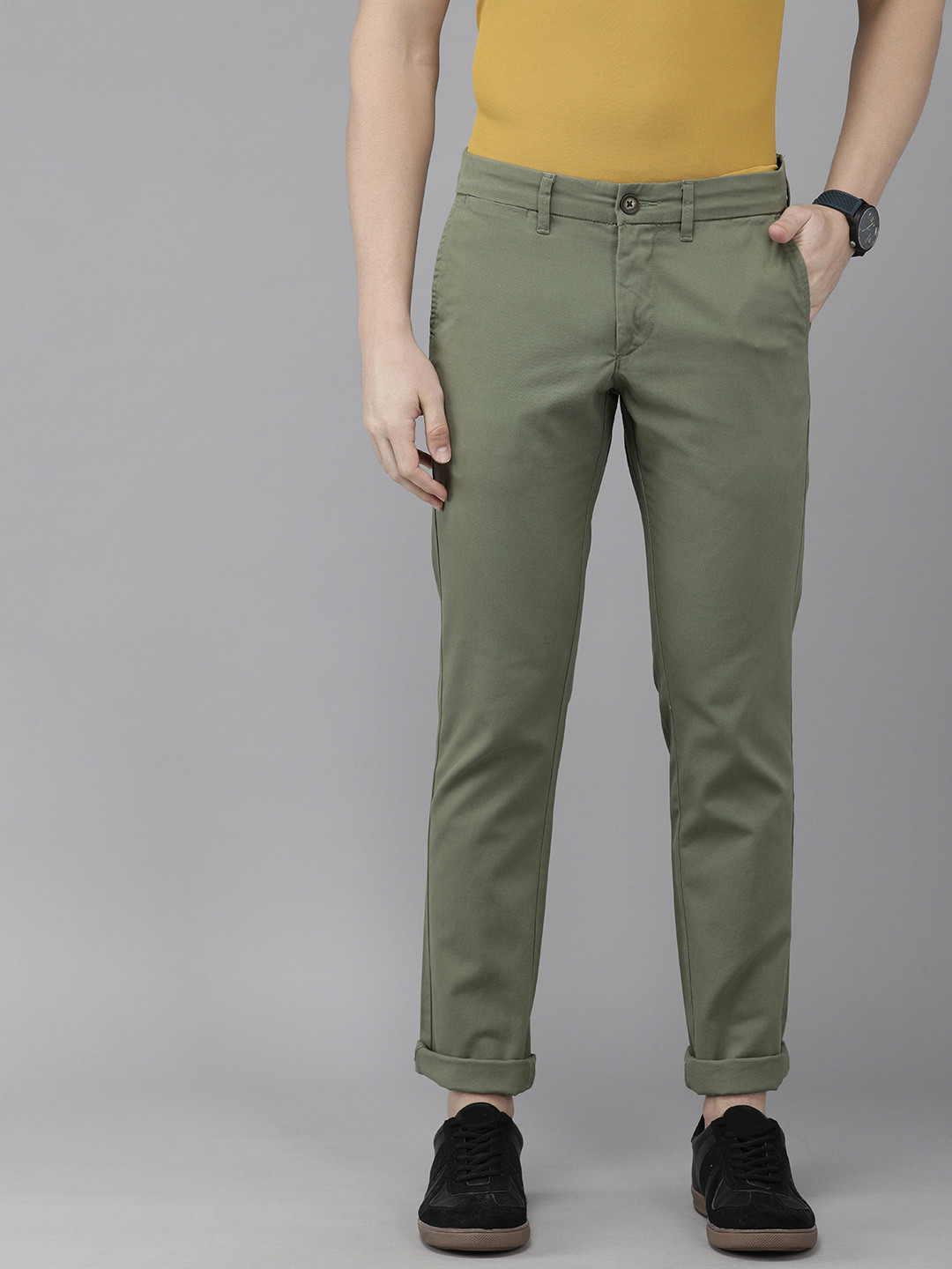 Buy U.S. Polo Assn. Men Olive Green Solid Slim Fit Chinos Trousers ...