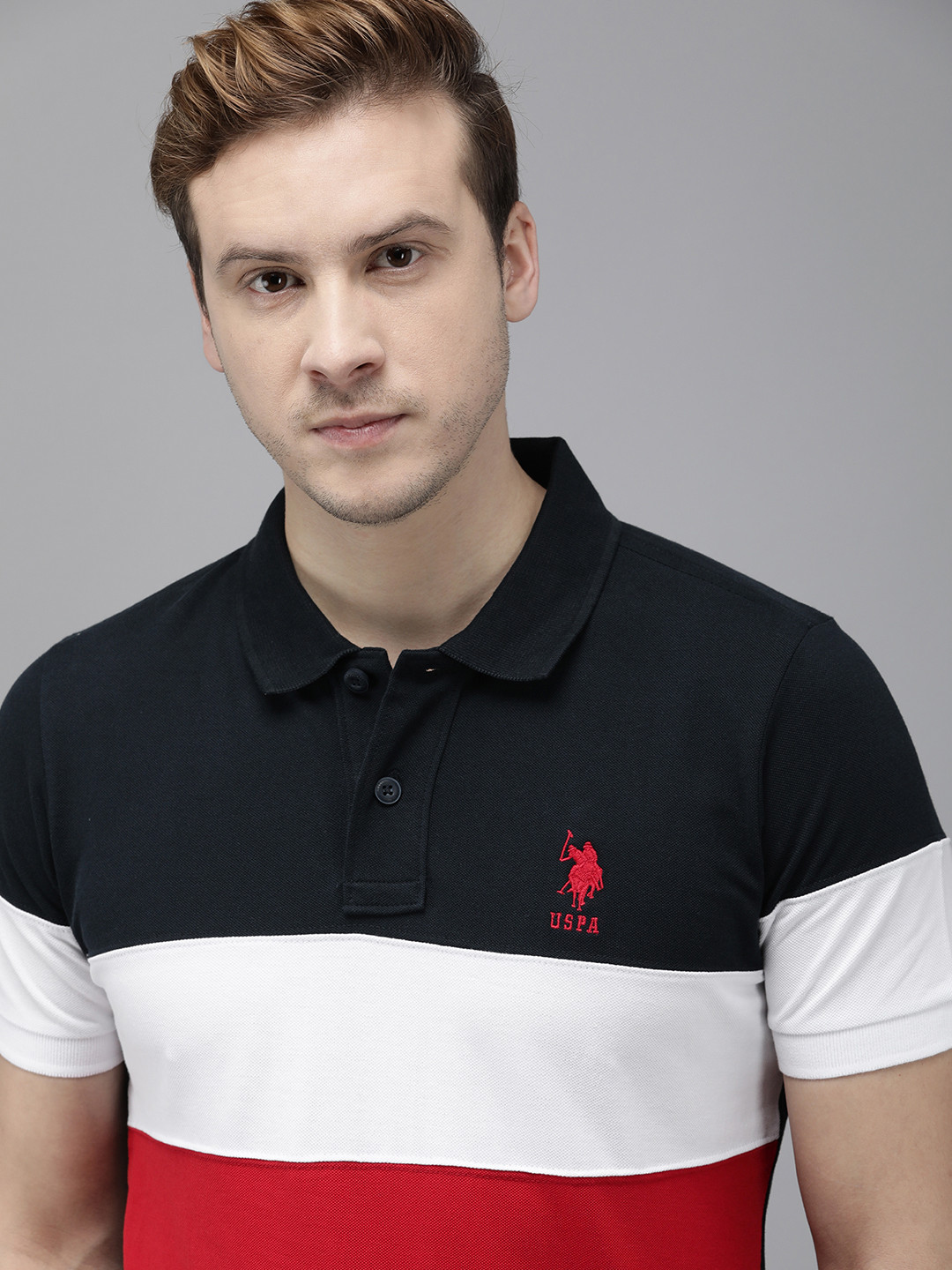 Buy U.S. Polo Assn. Men Navy Blue & Red Pure Cotton Colourblocked Polo