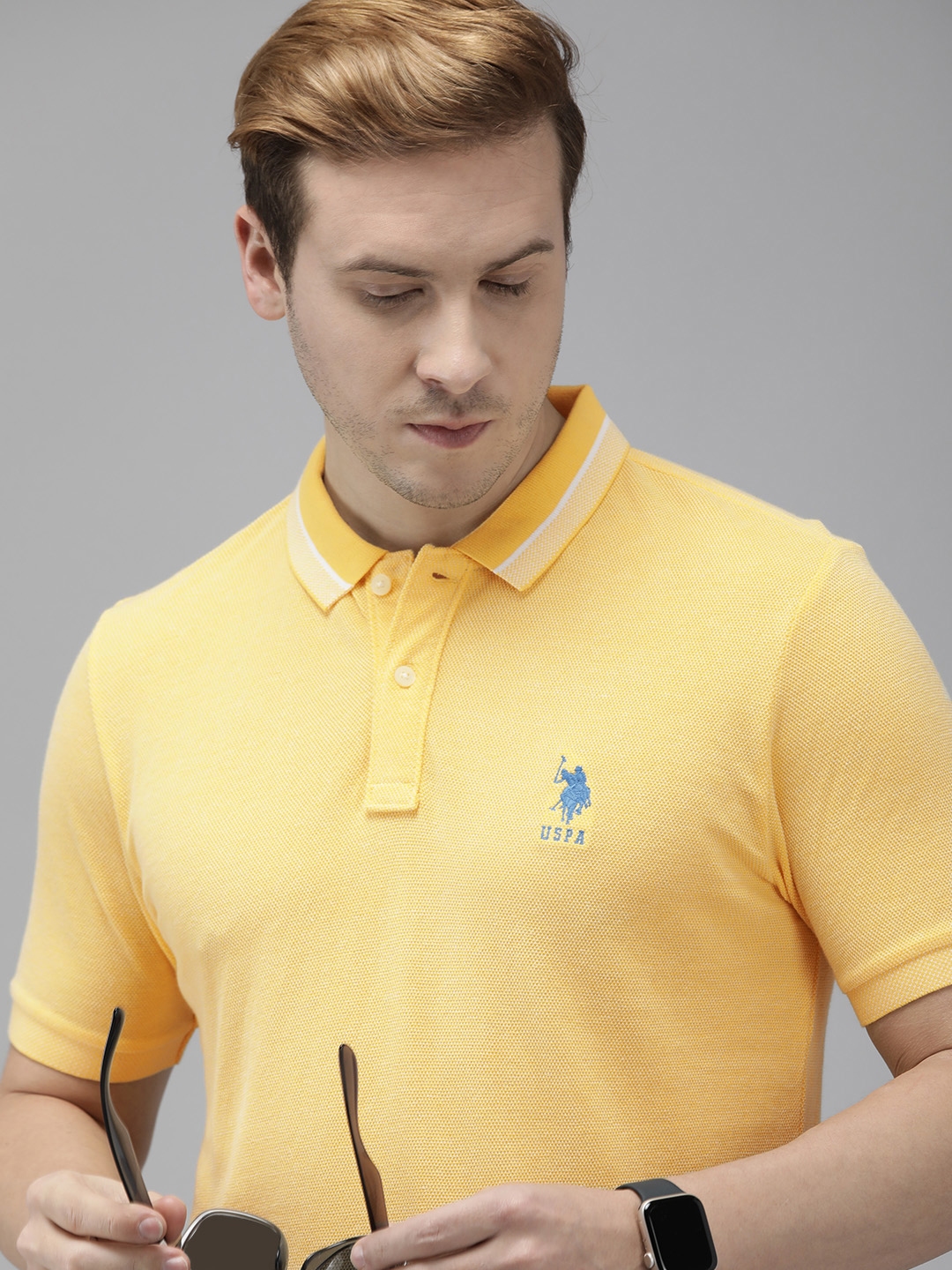 Buy U.S. Polo Assn. Men Yellow Solid Pure Cotton Slim Fit T Shirt ...
