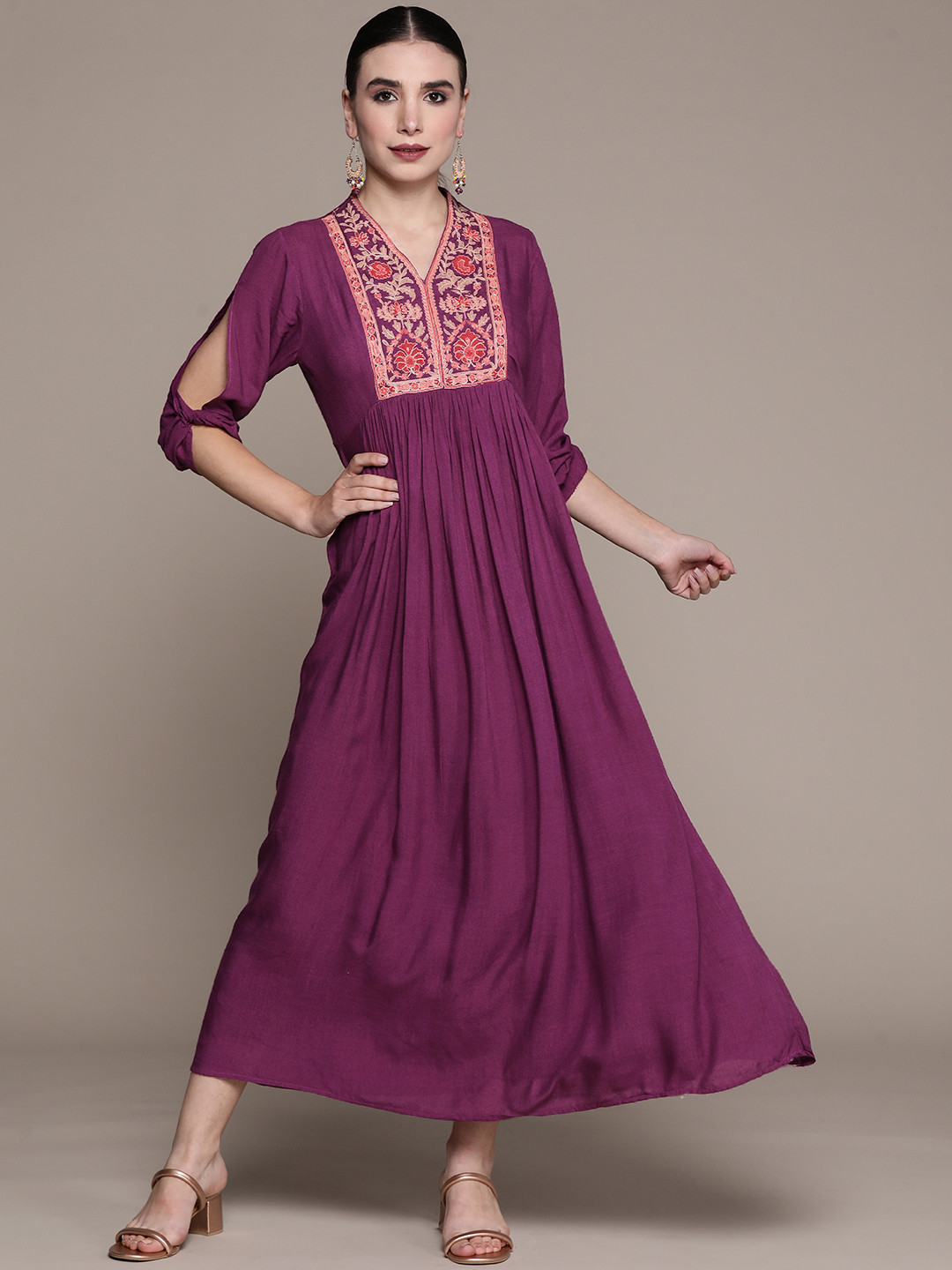 Buy Aarke Ritu Kumar Purple Yoke Embroidered Maxi Ethnic Dress Ethnic