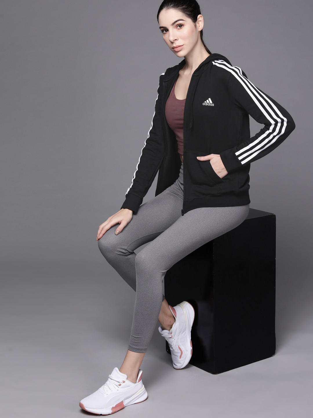 Buy ADIDAS Women Black 3 Stripes FT FZ Hooded Sweatshirt Sweatshirts for Women 19186792 Myntra