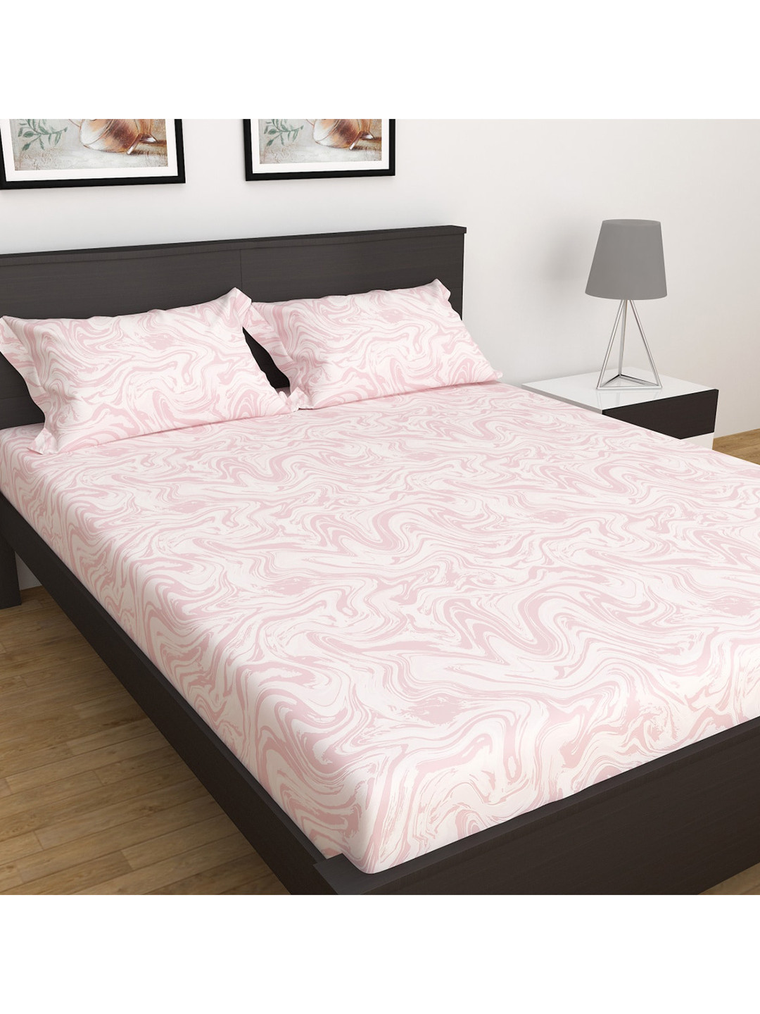 Buy Home Centre Pink Imprints 3 Piece Printed Cotton King Fitted