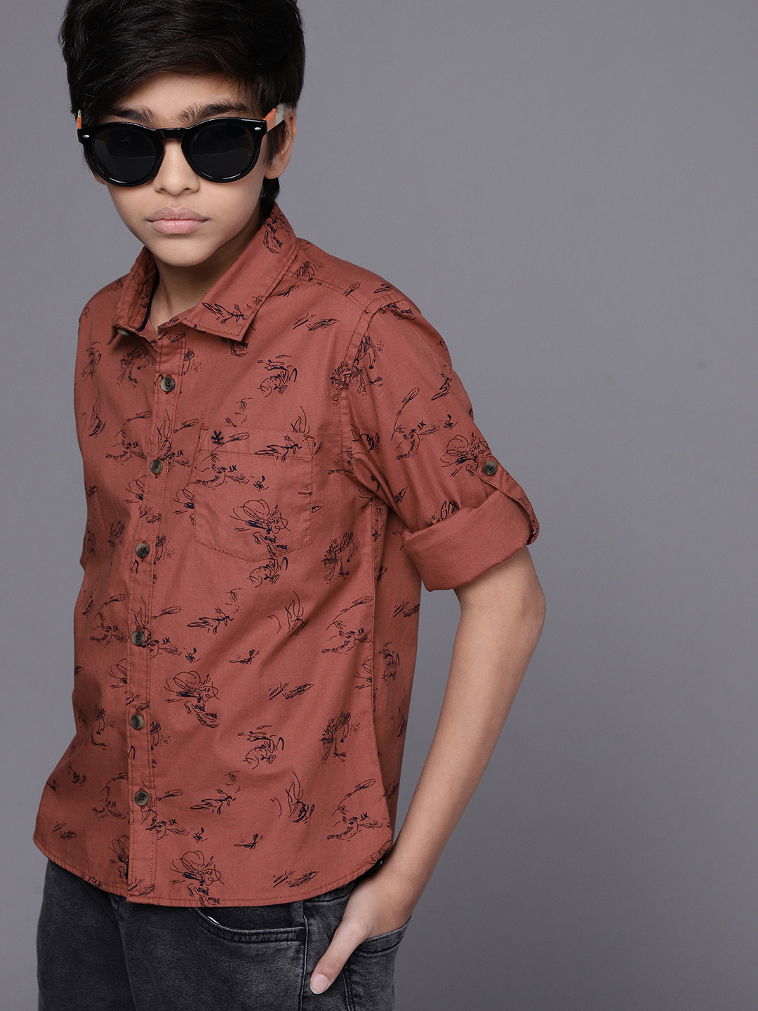 Buy WROGN YOUTH Boys Red Slim Fit Printed Pure Cotton Casual Shirt