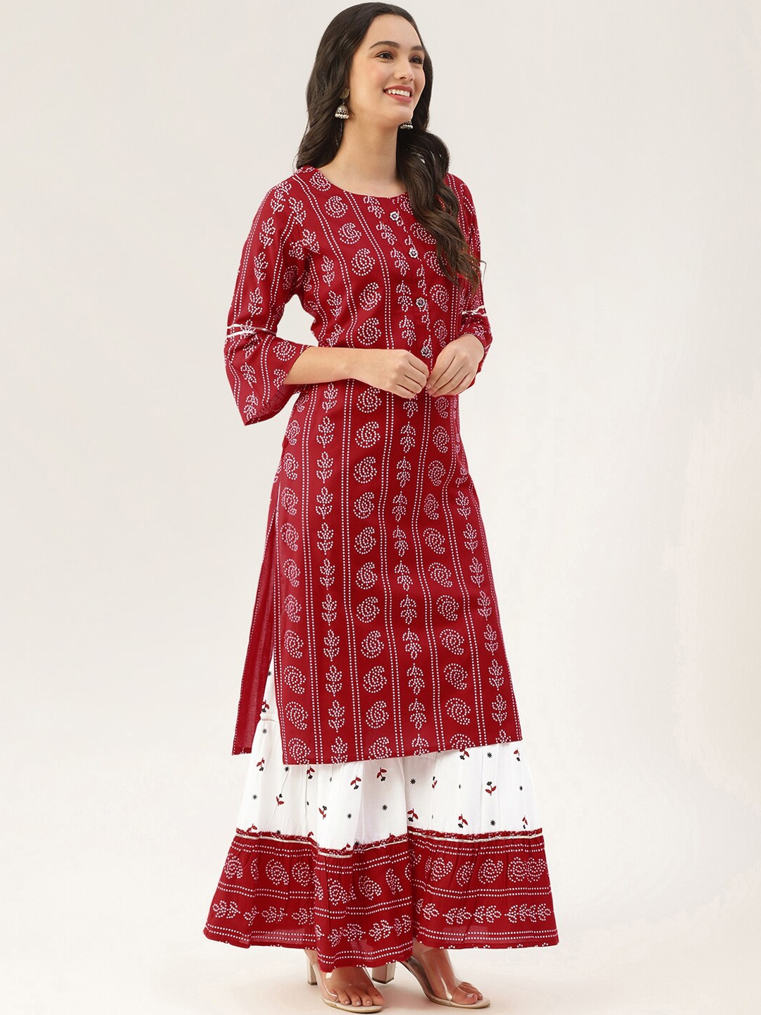 Buy Lee Moda Women Red Embroidered Panelled Kurti With Skirt & Dupatta ...