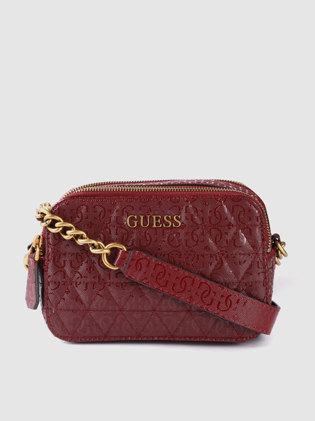 Buy GUESS Burgundy Brand Logo Textured Structured Sling Bag With Quilted Detail Handbags for
