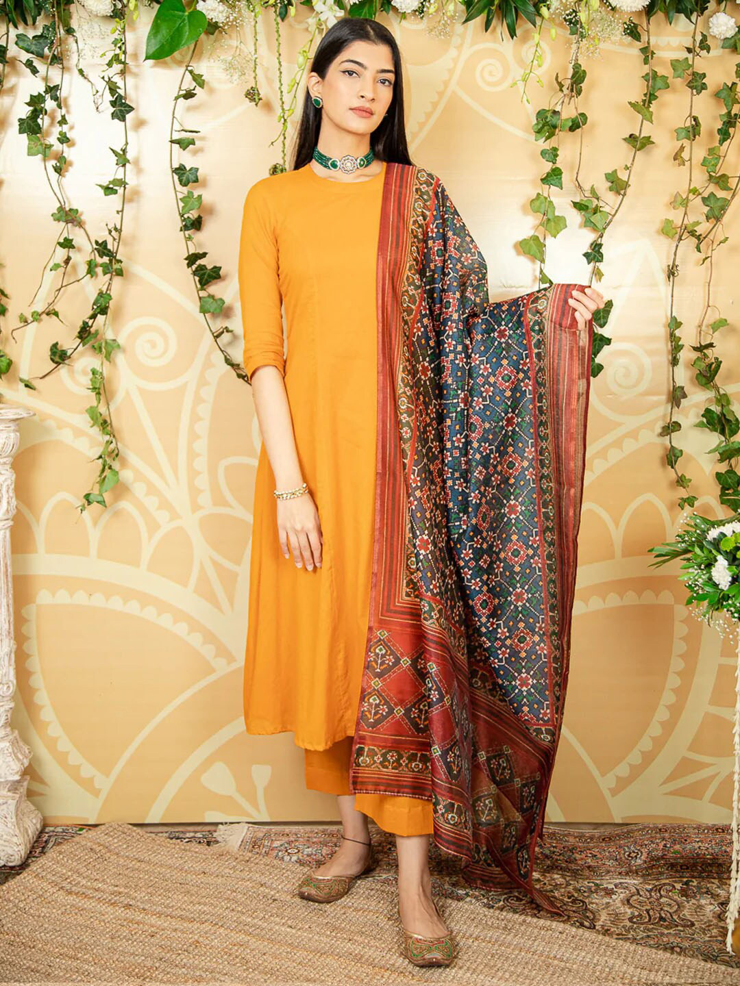 Women Cotton Mustard Embroidered Kurta Comfort Pant Dupatta