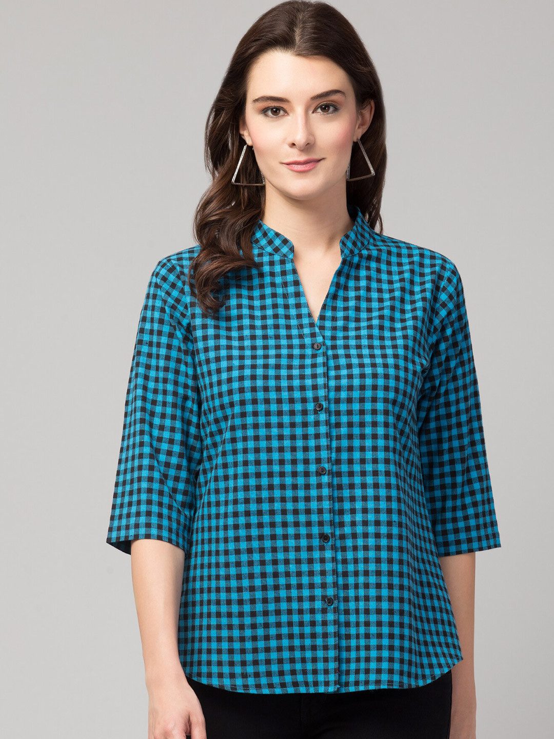 Buy Hive91 Blue & Black Mandarin Collar Checked Tunic Tunics for