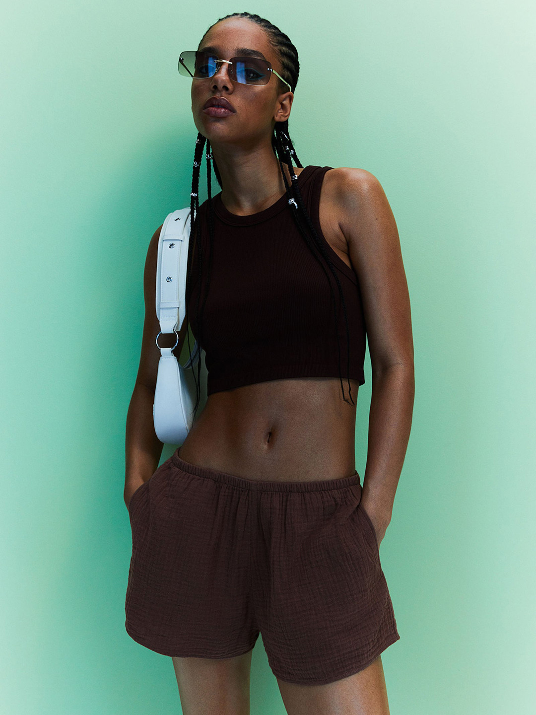 Buy H&M Women Brown Textured Weave Cotton Shorts Shorts for Women