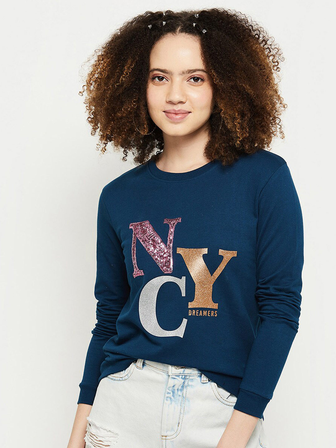 Buy Max Women Teal Embellished Slip On Sweatshirt Sweatshirts for