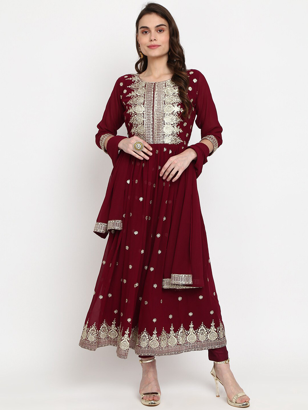 Women Maroon Ethnic Motifs Embroidered Kurta with Palazzos & Dupatta