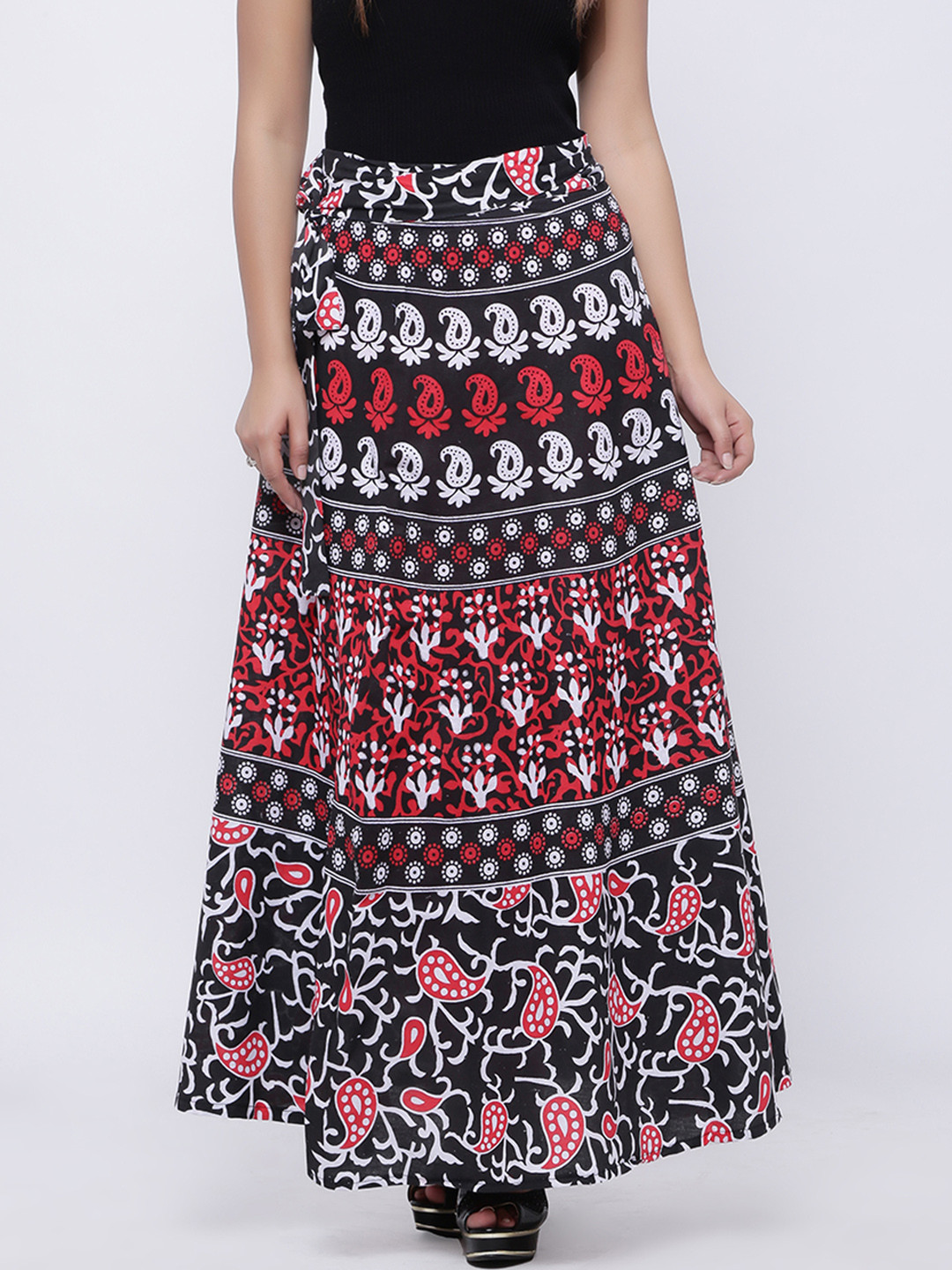 Buy SOUNDARYA Red & Black Printed Wrap Around Maxi Pure Cotton Skirt