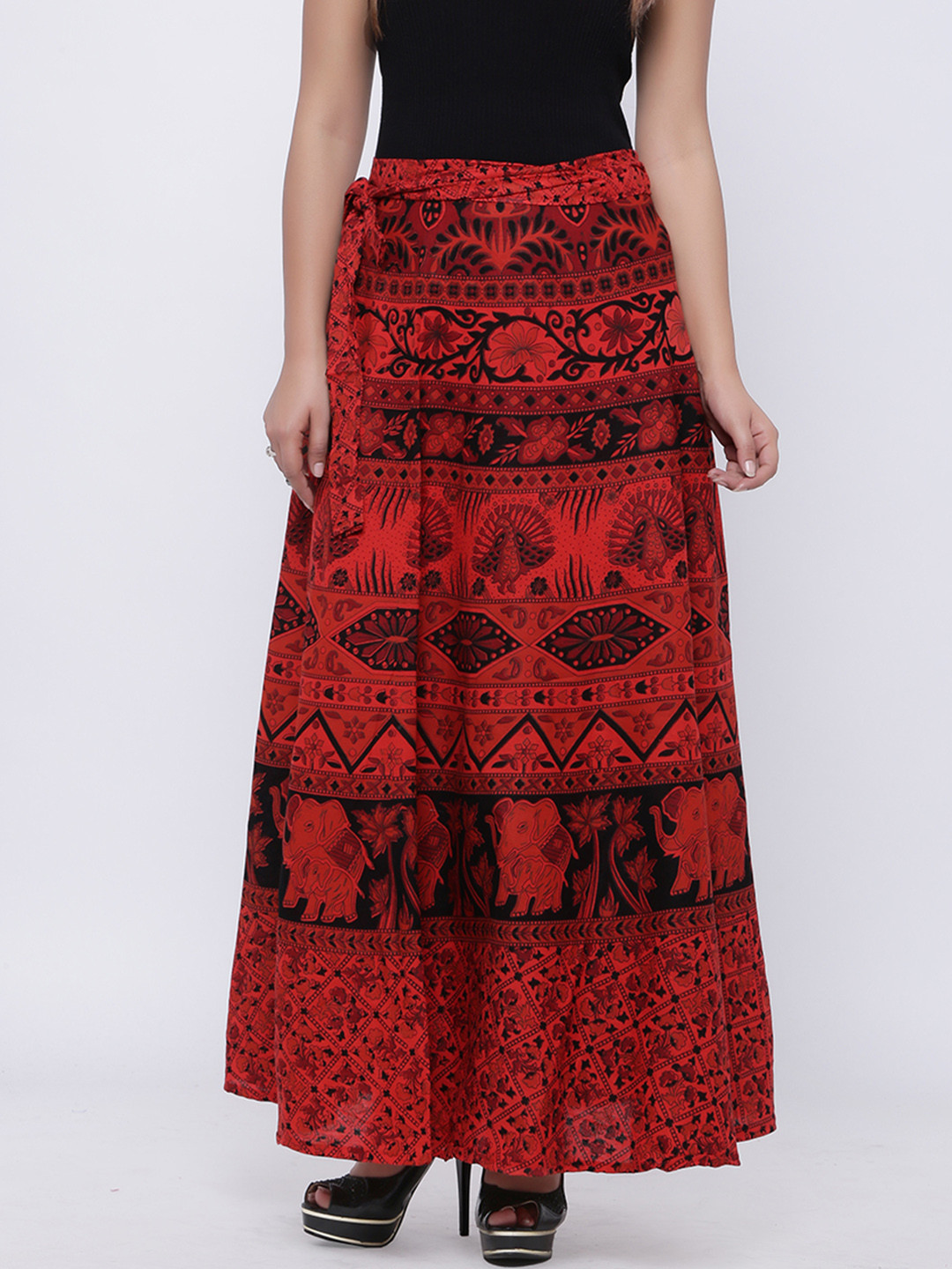 Buy SOUNDARYA Coral Red & Black Printed Wrap Around Maxi Pure Cotton