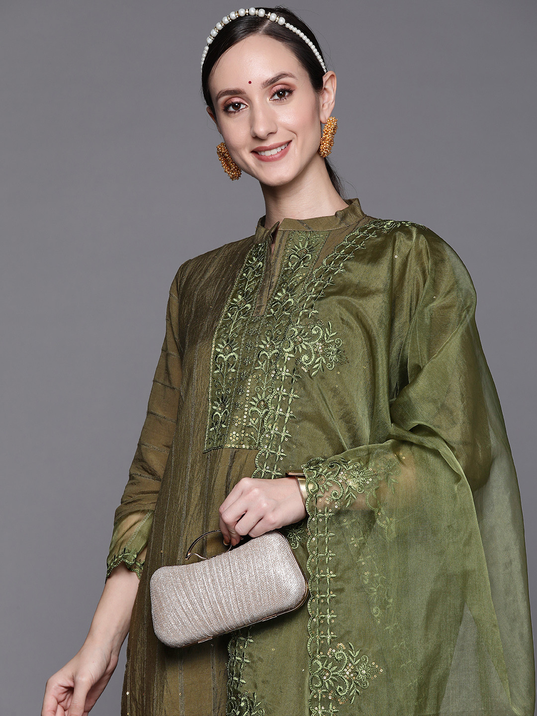 Women Chanderi Olive Embroidered Kurta Trouser Dupatta