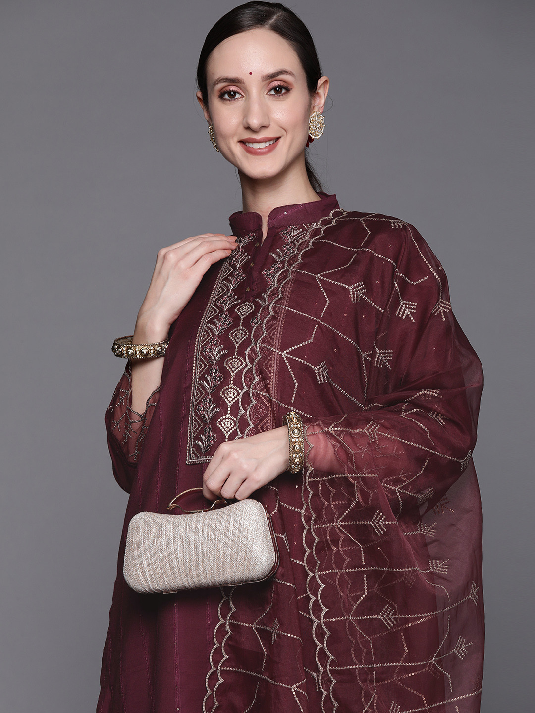Indo Era Burgundy Embroidered A-Line Kurta Trousers  set