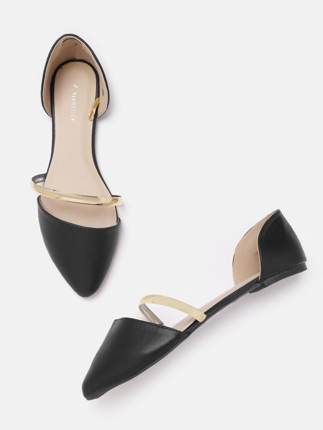 Buy Van Heusen Woman Black & Gold Toned Solid Flats Flats for Women