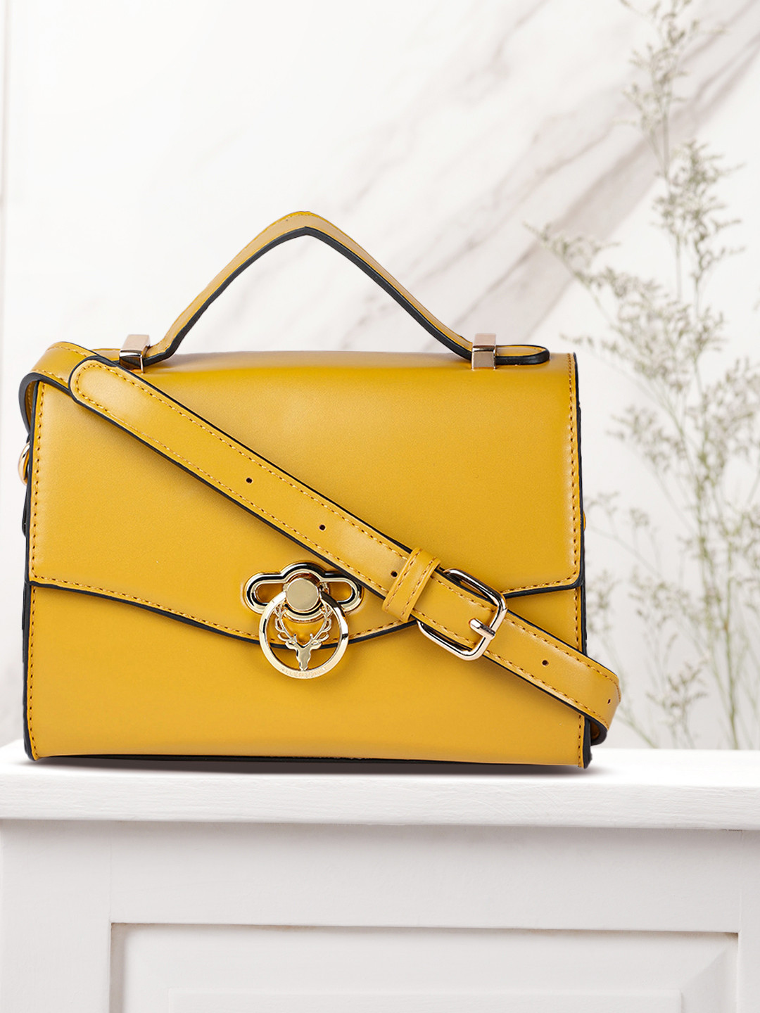 Buy Allen Solly Mustard Yellow Structured Satchel Handbags for Women