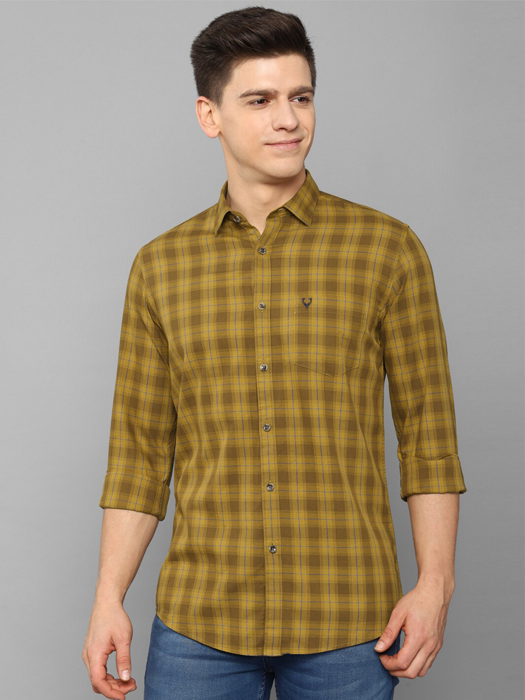 Buy Allen Solly Men Yellow Slim Fit Checked Casual Cotton Shirt