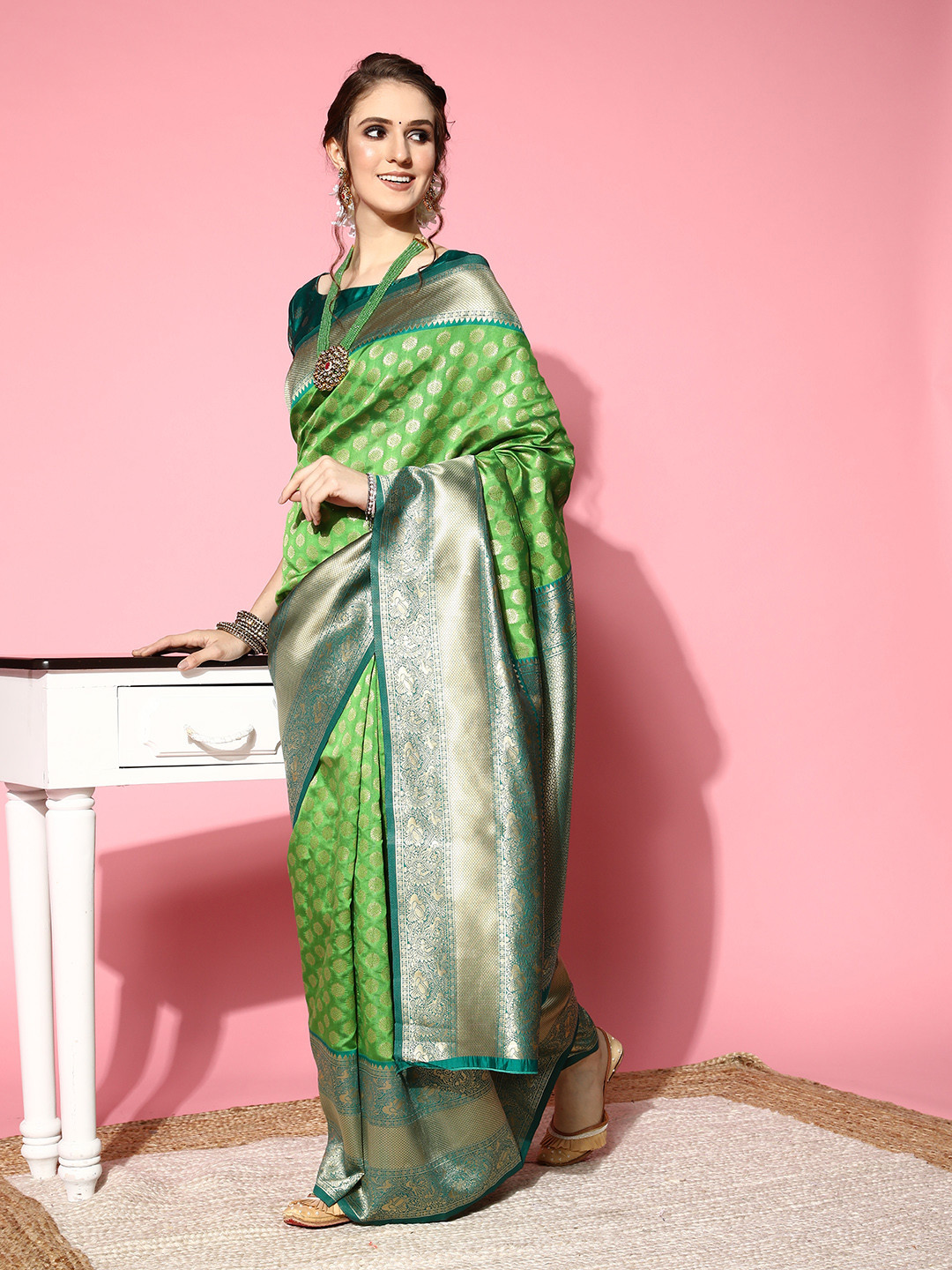 Buy Saree Mall Green Ethnic Motifs Silk Blend Banarasi Sarees - Sarees ...