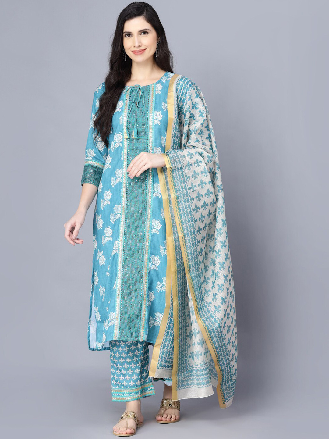 Women's Ethnic Graphic Prints Blue Straight Kurta Set with Dupatta