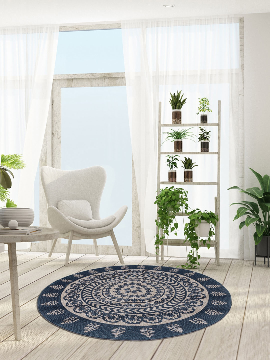 Buy Pano Navy Blue & Beige Geometric Floor Round Runner - Runners for ...