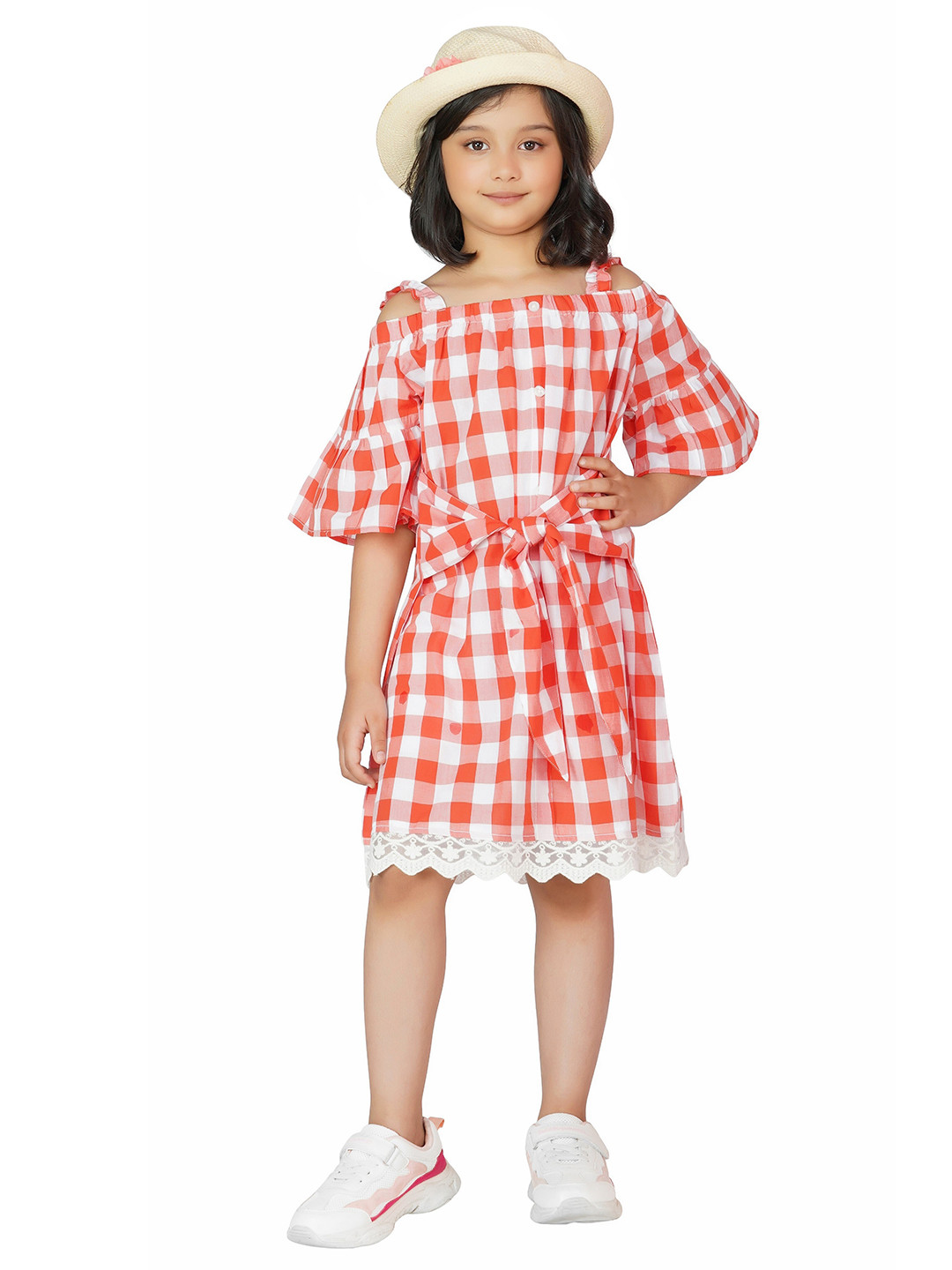Buy Dress My Angel Girls Orange & White Checked A Line Dresses