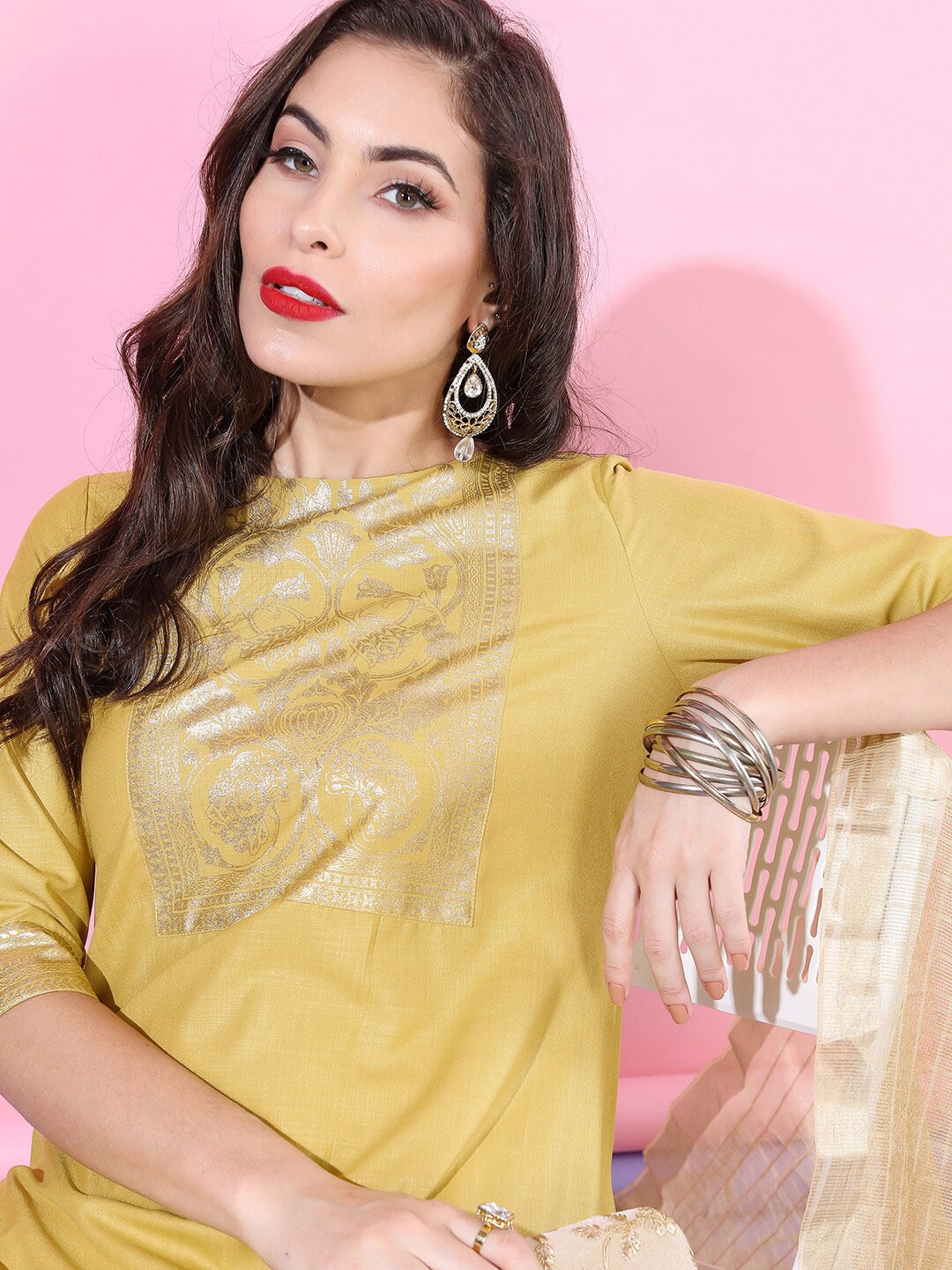 Women's Graphic Yellow Straight Kurta Set with Dupatta