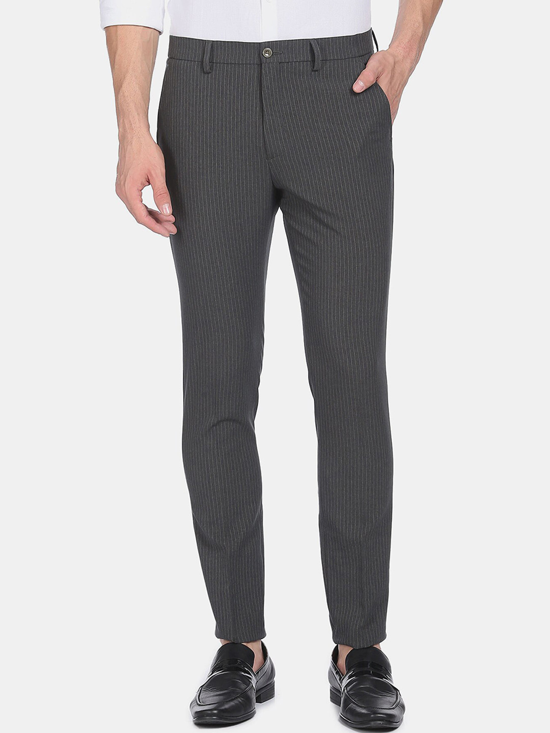 Buy Arrow New York Men Grey Striped Slim Fit Formals Trousers