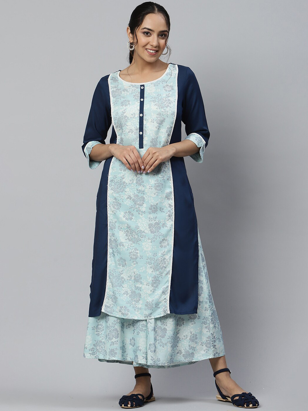 Women Liva Rayon Blue Floral Print Kurta main image 0