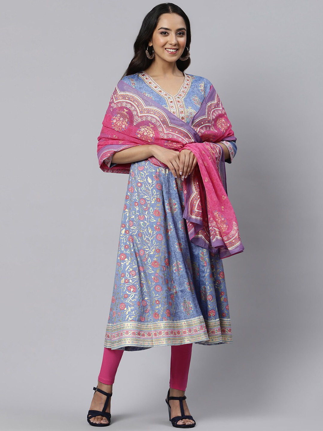 Women Blue Cotton Floral Printed Kurta with pant & dupatta