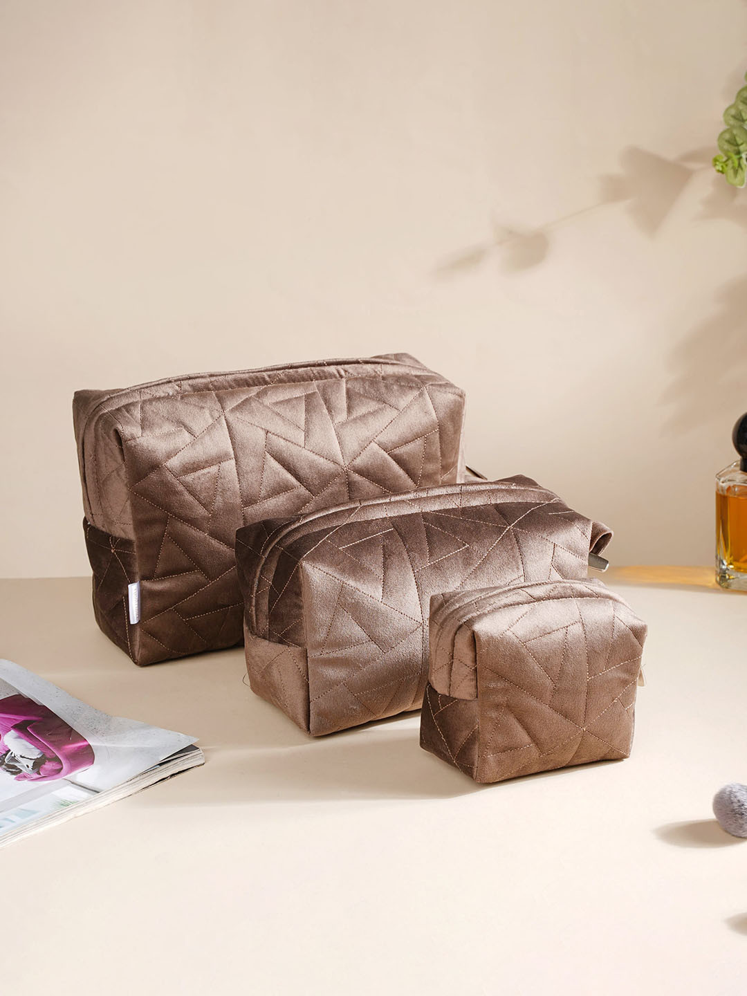 Buy Nestasia Set Of 3 Brown Quilted Multi Utility Cosmetic Bag