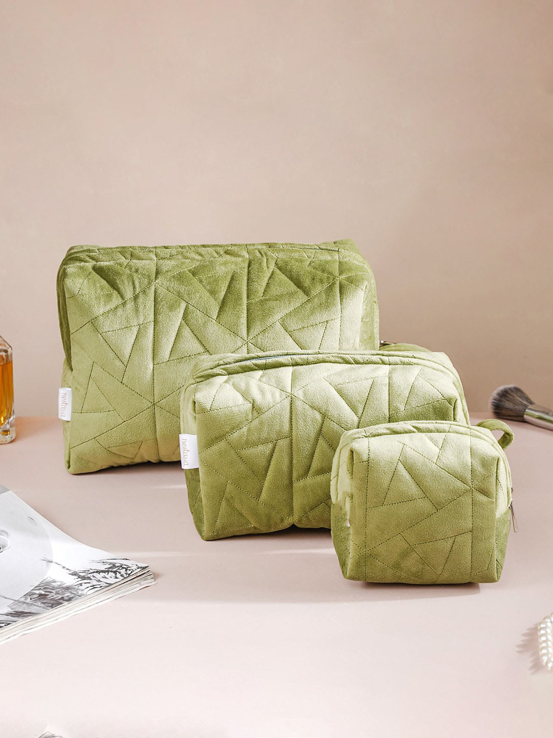 Buy Nestasia Set Of 3 Green Quilted Cosmetic Organiser Bags Travel