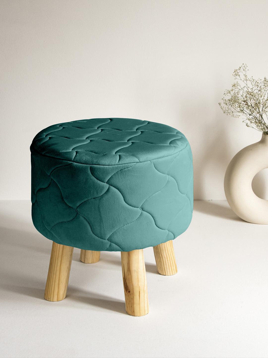 Buy Clasiko Teal Solid Wood Quilted Ottoman Ottomans for Unisex