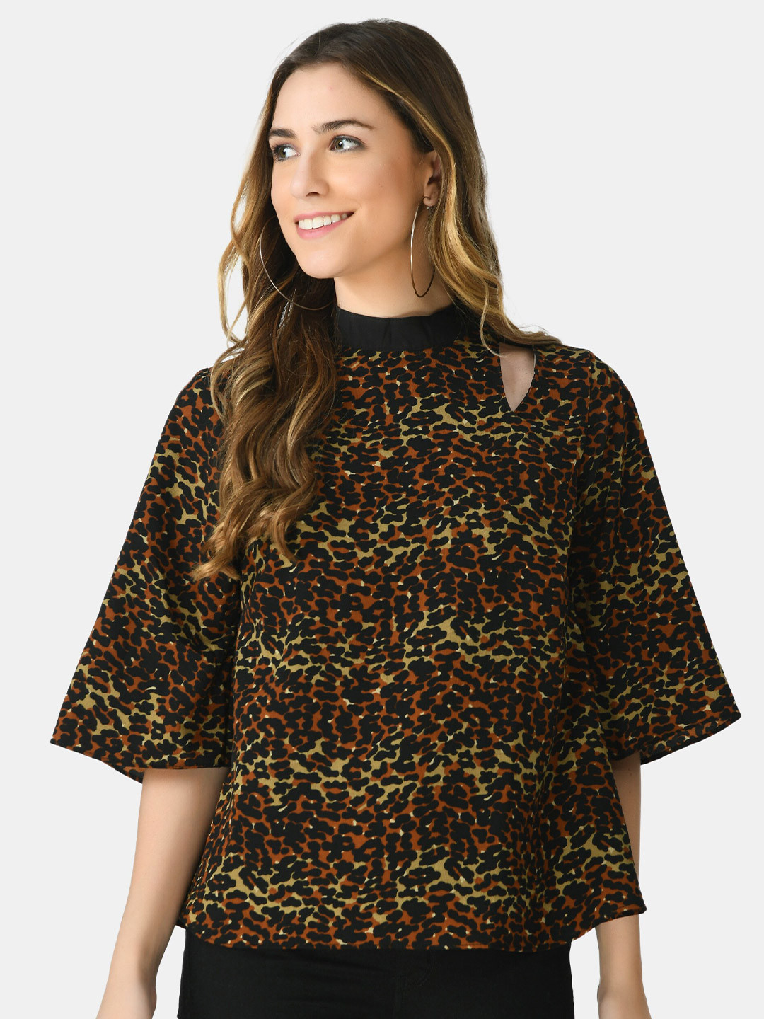 Buy V&M Brown Kimono Sleeves Animal Print Women Brown Top Tops for