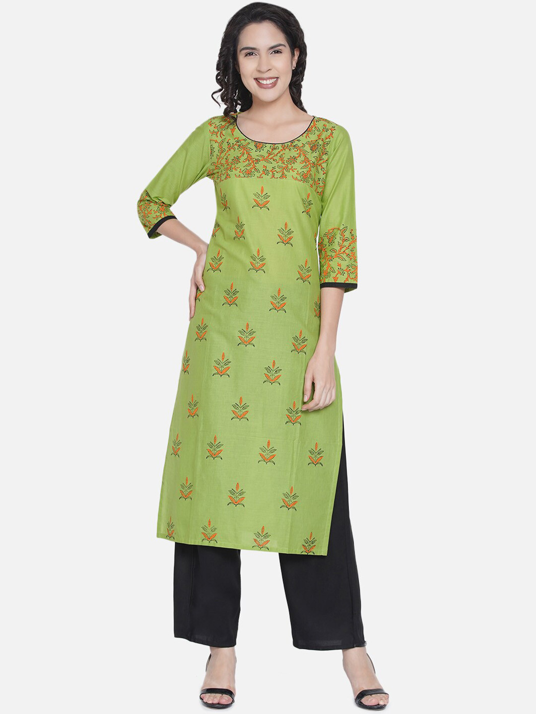 Buy RIYA Women Green Ethnic Motifs Printed Flared Sleeves Mirror Work