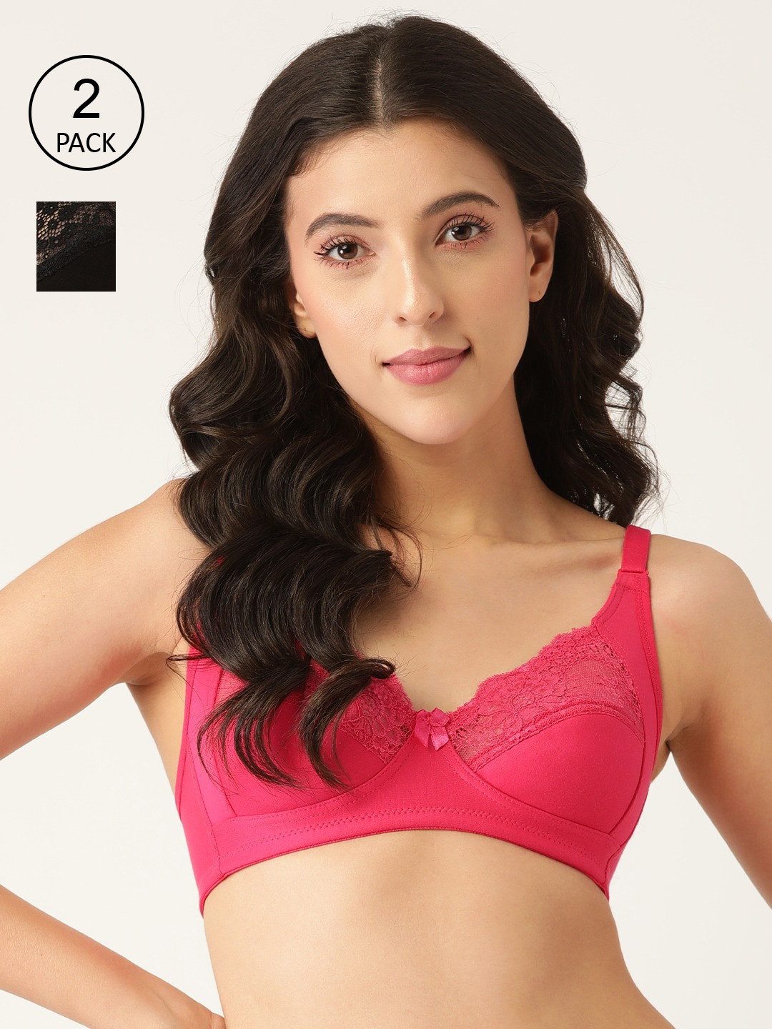 Buy Lady Lyka Pack Of 2 Black & Pink Lace Cotton Bra Bra for Women