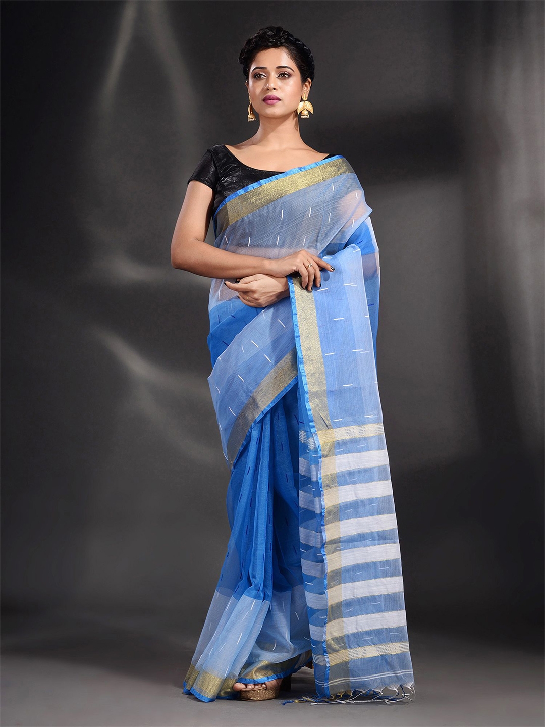Buy Arhi Blue And White Striped Blended Cotton Handwoven Saree With ...
