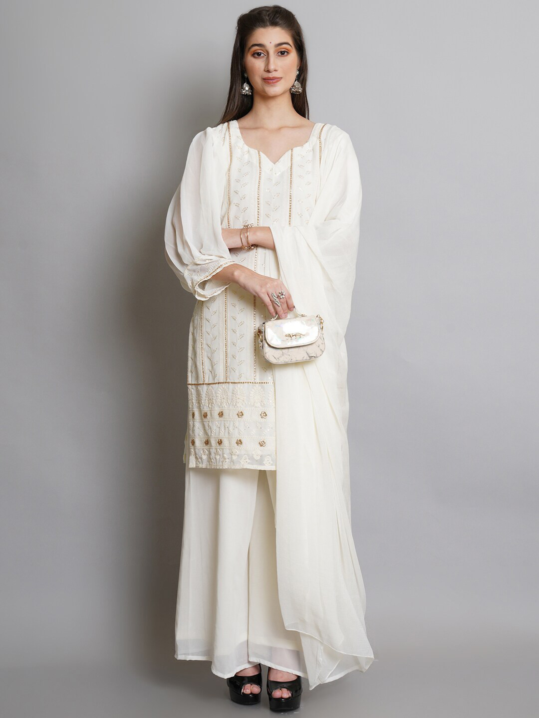 Buy Stylee LIFESTYLE Women Off White Embroidered Semi Stitched Dress