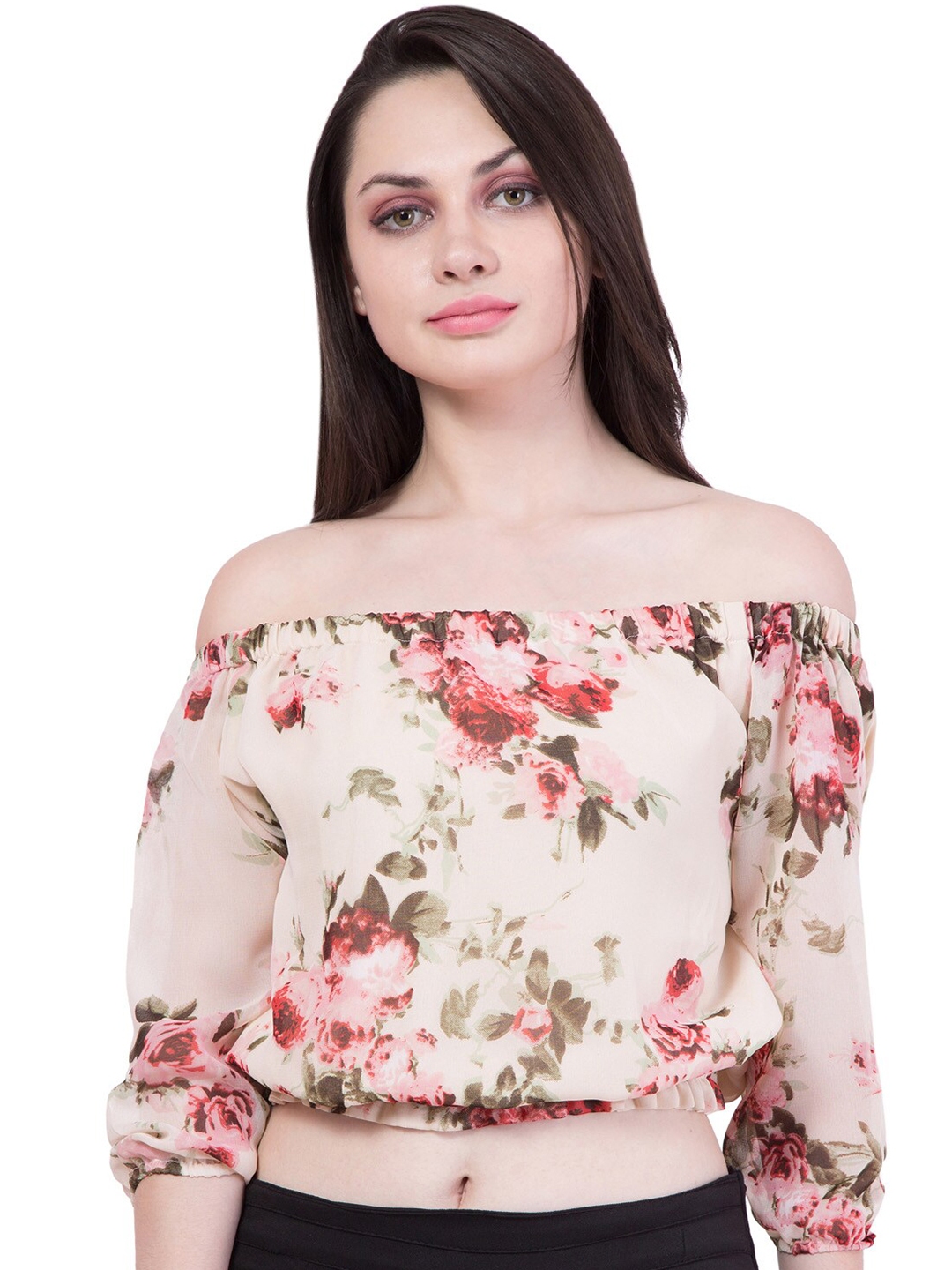 Buy Hive91 Beige Floral Print Off Shoulder Georgette Bardot Crop Top Tops For Women 19239146 2617